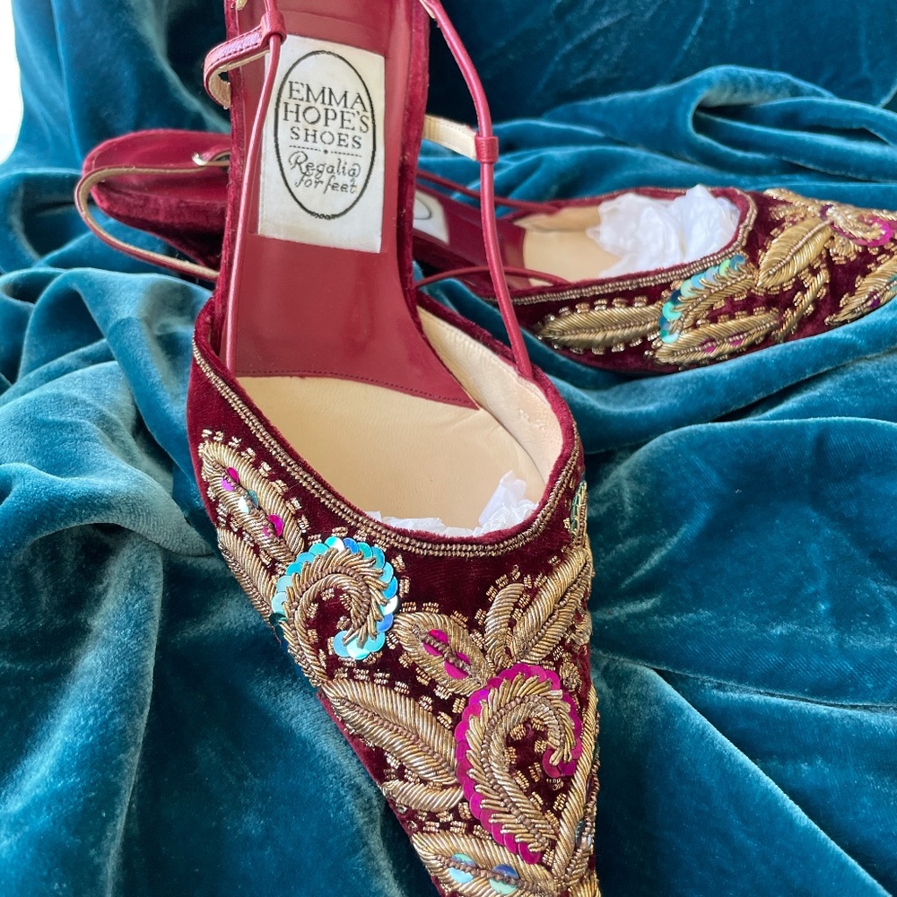 Emma Hope Embroidred red velevet kitten heel